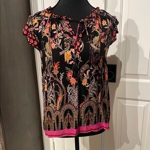 Rose+Olive Black and Orange Graphic Tie Front Blouse (A)